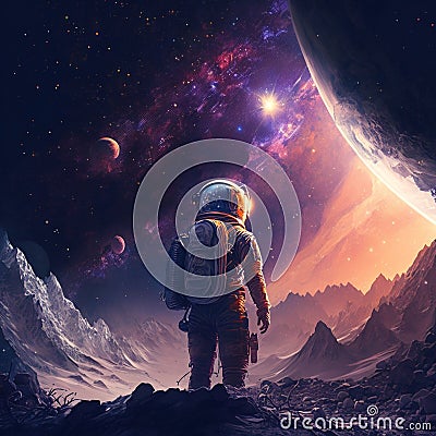 Spaceman on futuristic landscape background. Astronaut and fantasy planet in universe for National Space Day. Generative AI Stock Photo