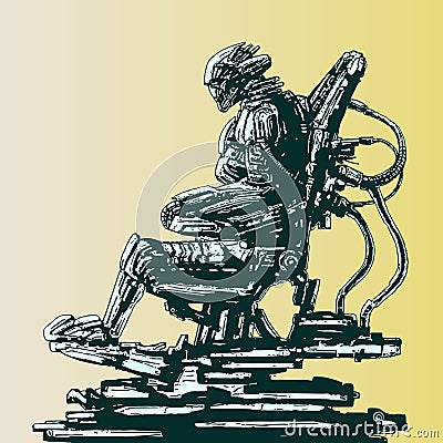 Spaceman invader sits in suit on his iron throne. Vector illustration. Vector Illustration