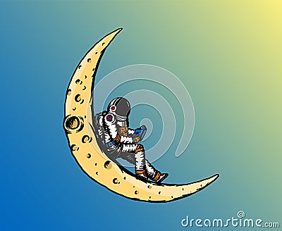 Spaceman on the moon. Astronaut is reading a book. Astronomical galaxy space. Funny cosmonaut explore adventure Vector Illustration