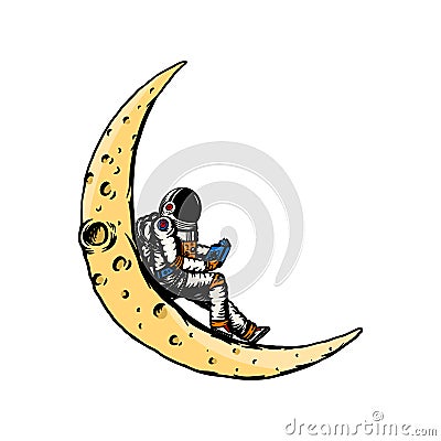 Spaceman on the moon. Astronaut is reading a book. Astronomical galaxy space. Funny cosmonaut explore adventure Vector Illustration