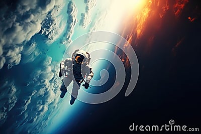 Spaceman and planet, Human in space concept, Astronaut in outer open space over the planet Earth Stock Photo