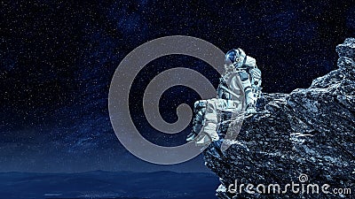 Spaceman on rock edge. Mixed media Stock Photo