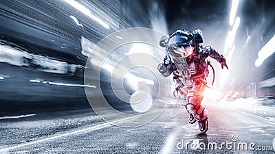 Spaceman running fast. Mixed media Stock Photo