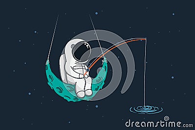 Spaceman sits on moon with a fishing rod Vector Illustration