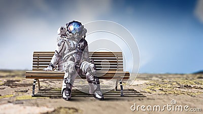 Rocketman on bench. Mixed media Stock Photo