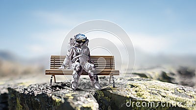 Rocketman on bench. Mixed media Stock Photo