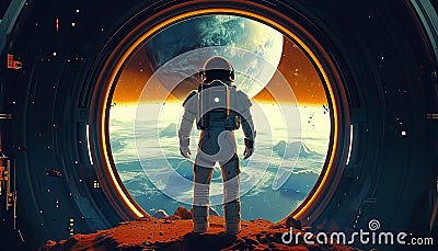 Spaceman in a spacesuit stands in front of spaceship circle window. Postproducted generative AI digital illustration. Cartoon Illustration