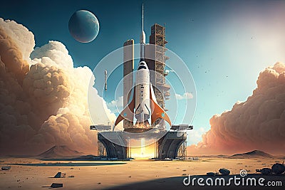 spaceport, with rocket on launchpad, ready for liftoff Stock Photo