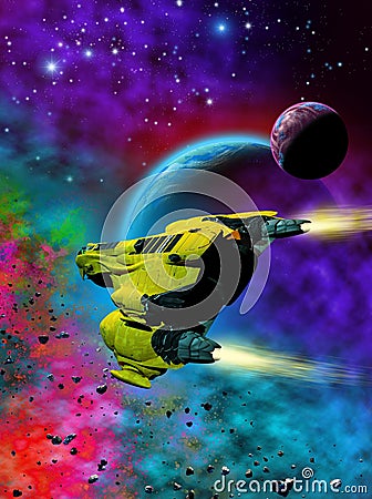 Spaceship and alien planetary system with nebula, 3d illustration Cartoon Illustration