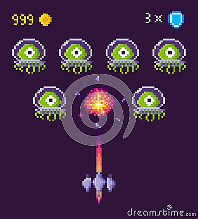 Pixel Game Space Graphics 8 Bit Aliens Spacecraft Vector Illustration