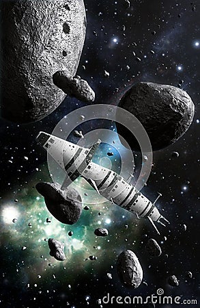 Spaceship and asteroid field Cartoon Illustration