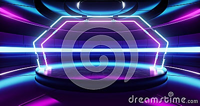 Spaceship Background Sci Fi Futuristic Modern Alien Room Hall Glowing Blue Purple Neon Lights Fluorescent Vibrant Stage Spectrum Stock Photo