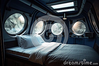 spaceship bedroom, with view of the galaxy visible through the window Stock Photo