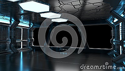 Spaceship blue interior with empty window 3D rendering elements Stock Photo