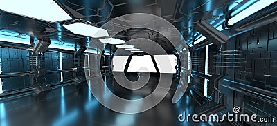 Spaceship blue interior with empty window 3D rendering elements Stock Photo
