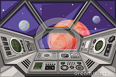 Spaceship cabin. Futuristic interface of spacecraft with user dashboard panels controlling systems garish vector cartoon Vector Illustration