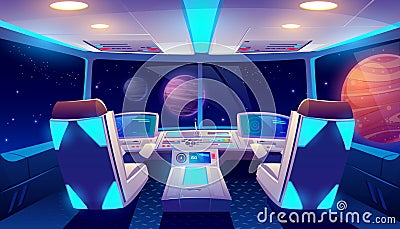 Spaceship cockpit interior space and planets view Vector Illustration