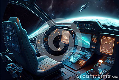 Spaceship cockpit interior, spacecraft control room, generative AI Stock Photo