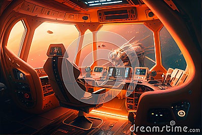 Spaceship cockpit interior, spacecraft control room, generative AI Stock Photo