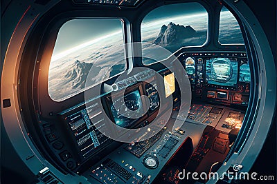 Spaceship cockpit interior, spacecraft control room, generative AI Stock Photo