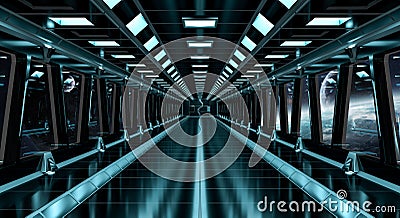 Spaceship corridor with view on distant planets system 3D render Stock Photo