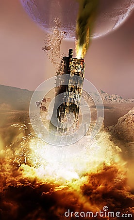 Spaceship Crash on alien planet Stock Photo