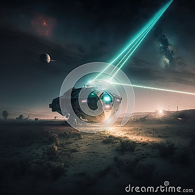 Spaceship crash landing during the battle with laser rays. Alien spacecraft with laser splashes. Generated AI. Stock Photo