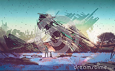 Spaceship crashed on blue field Cartoon Illustration