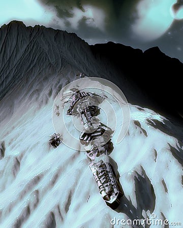 Spaceship crashed on rocky ice planet Stock Photo