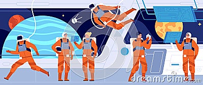 Spaceship crew. Ship station interior, spacecraft cabin dashboard and engineer. Interstellar woman astronaut or Vector Illustration