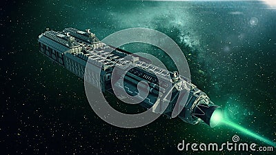 Spaceship in space, spacecraft flying through the universe Stock Photo