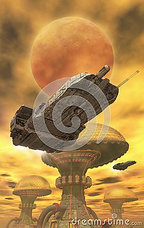 Spaceship and desert city Stock Photo