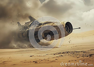 spaceship desert smoke coming out promotional solo sank action heroic compositing raider flying machinery Stock Photo