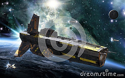 Spaceship destroyer and planet Cartoon Illustration