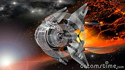 Spaceship drone and fiery planet Stock Photo