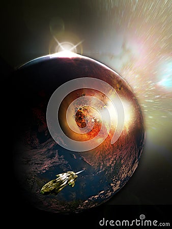Escaping from planet explosion Stock Photo