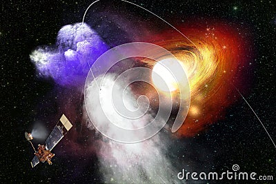 Spaceship explores a distant universe. Stock Photo