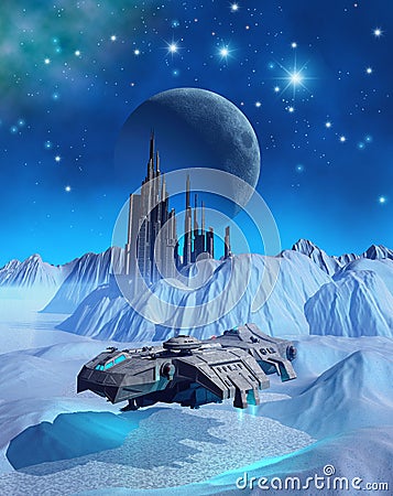 Spaceship that explores the surface of a frozen alien planet looking for a wreck, 3d illustration Cartoon Illustration