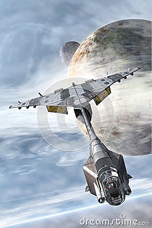 Spaceship fighter and planets Cartoon Illustration