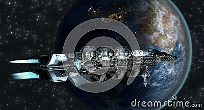 Spaceship fleet arriving to Earth Stock Photo