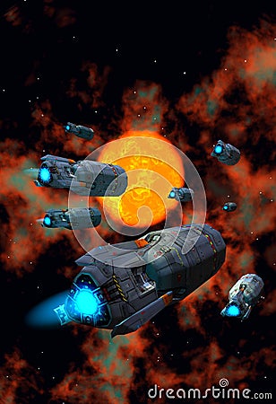 Spaceship fleet flying near a bright star, 3d illustration Cartoon Illustration