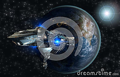 Spaceship fleet leaving Earth Stock Photo