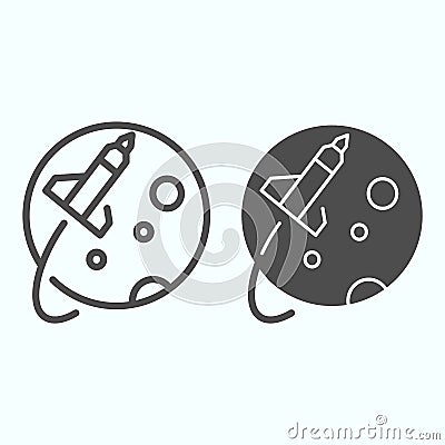 Spaceship flight around the planet line and solid icon. Rocket flies over the moon. Space exploration design concept Vector Illustration