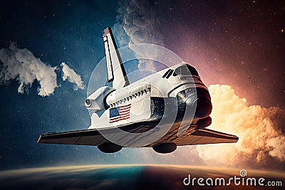 Spaceship on the flight. Space shuttle close-up. Generative AI. Stock Photo