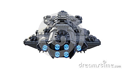 Spaceship flying, alien UFO spacecraft in flight isolated on white background, back view, 3D render Stock Photo