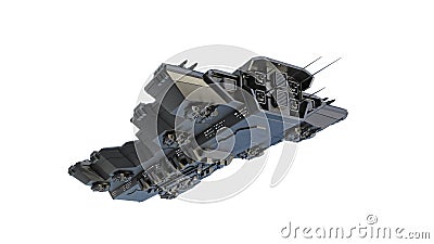 Spaceship flying, alien UFO spacecraft in flight isolated on white background, bottom view, 3D render Stock Photo