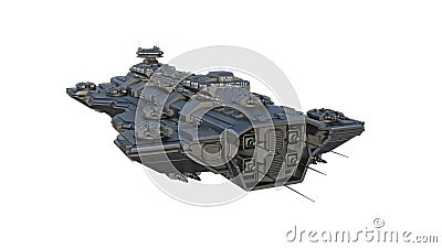 Spaceship flying, alien UFO spacecraft in flight isolated on white background, front view, 3D render Stock Photo