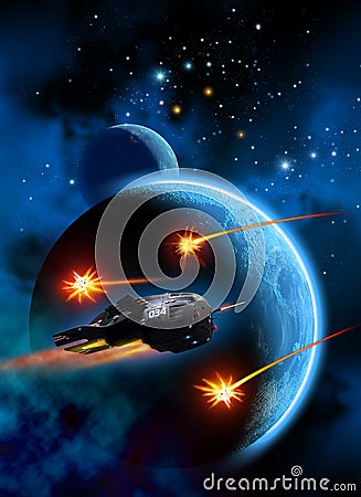 Spaceship flying around a planet with a moon, fighting with missiles, 3d illustration Cartoon Illustration
