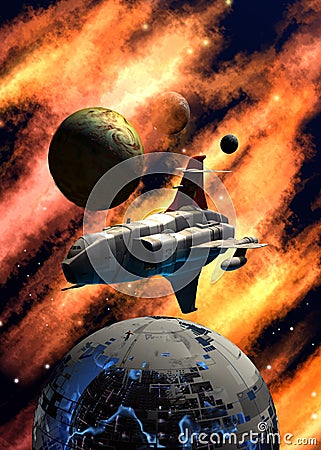 Spaceship flying around a space station wreck, near a planetary system, inside a nebula with stars, 3d illustration Cartoon Illustration