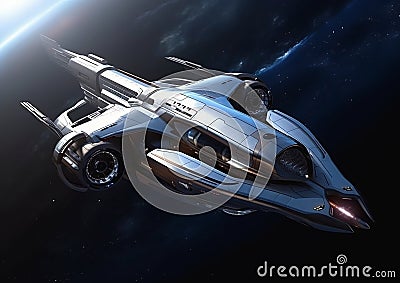 Spaceship Flying Over Earth Stock Photo